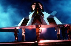 A back lit front view of a F-117A Nighthawk stealth fighter, from Airman Magazine's February 1995 issue article "Streamlining Acquisition 101". (Airman Magazine photo)