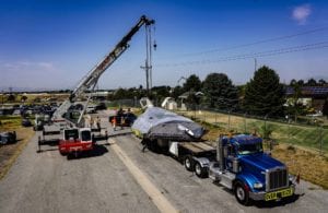 F-117 Nighthawk stealth fighter "Midnight Rider", #799, arrives on flatbed truck at Hill Aerospace Museum